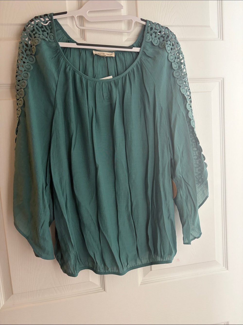 Waverly Grey Teal Crochet-Trim Peasant Blouse